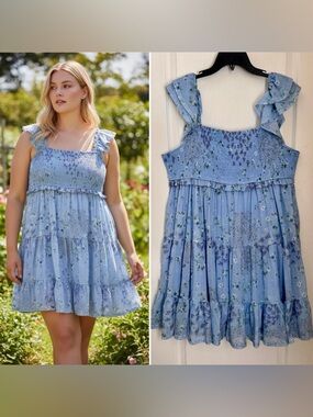 LIGHT BLUE SMOCKED FLORAL RUFFLED SUNDRESS. FLUTTER SLEEVE ALTAR’D STATE. SZ XL.